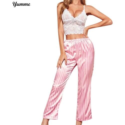 Women Pajamas Satin Nightwear Female Pyjama Sets Sexy Sleepwear Camis Tops Striped Pants Suit Lace Up Lingerie Underwear #BL3