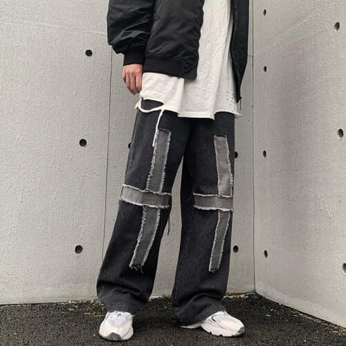 High street Harajuku Cross Frayed Washed Retro Jeans Pants Men and Women Elastic Waist Wide Len Casual Denim Trousers Oversize
