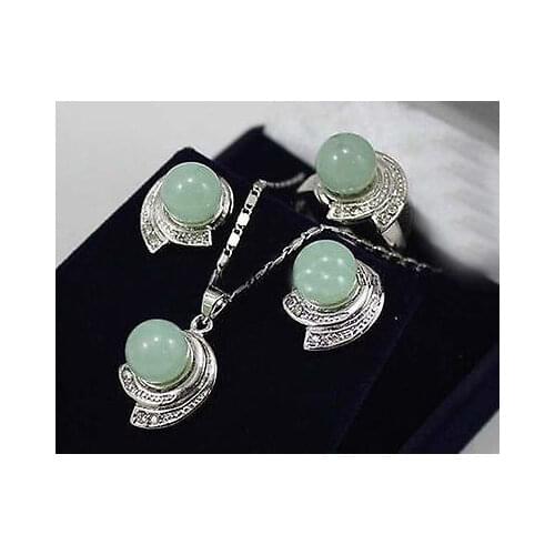 Good >>new hot Jewelry Green jade Gems tones Earrings & Ring & Pendant Set