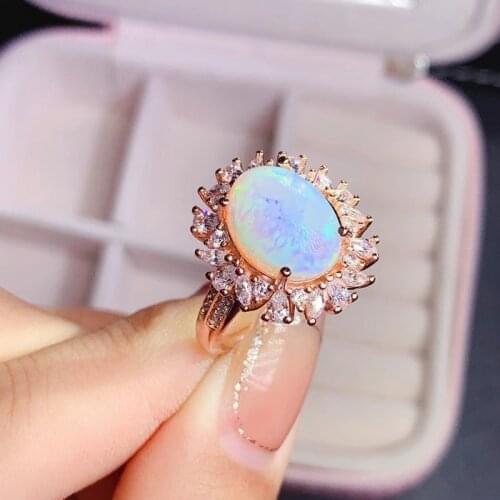 Fashion Round Sun Flower Natural Gem Stone Ring 10*13mm Natural Multicolor Opal Ring S925 Silver Womens Girl Party Jewelry