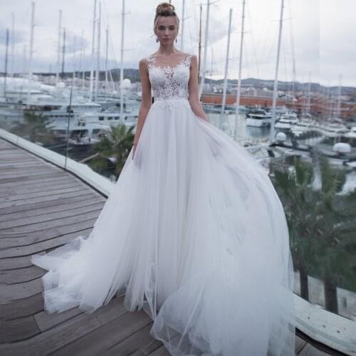 Sexy Top Lace Wedding Dresses 2020 O-neck Sleeveless See-through Applique Tulle Boho Gown Plus Size vestido novia