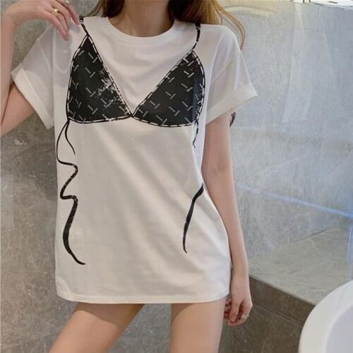Fashion 2021 Short Sleeve Personality Bra Print Loose White Long T-Shirt Women Summer Tops Sexy Casual Tee Shirt Female Clothing