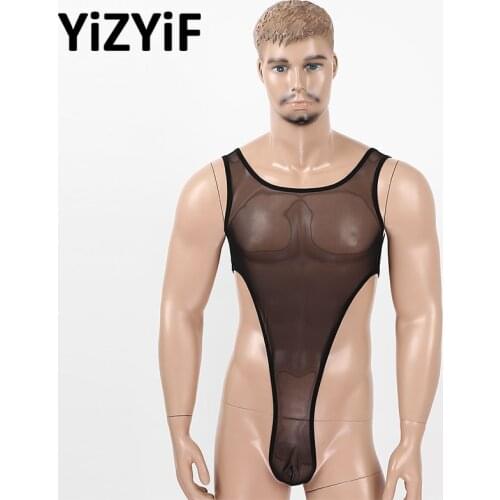 Mens Sexy See Through Sheer Mesh Leotard Jumpsuit Tank Wrestlinh Singlet Bodysuit Sexy Deep U Neck Sleeveless Bodysuit Lingerie