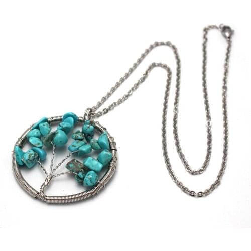 New Necklace Round Wire Wrapped Tree of Life Red Coral Crystal Stone Chips Beads Life tree Pendant Stainless steel Necklace