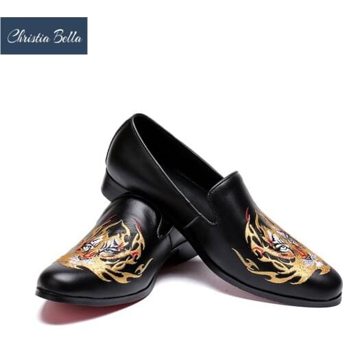 Christia Bella New Style Men Casual Shoes with Custom Personality Tiger Embroidered Party Men Leather Loafers Summer Slippers