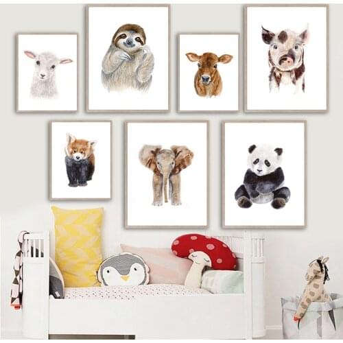 Sheep Sloth Cow Pig Elephant Red Panda Animal Wall Art Canvas Painting Nordic Posters And Prints Wall Pictures Kids Room Decor