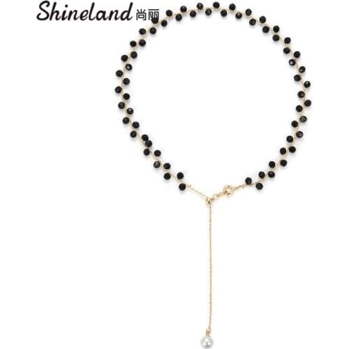 Shineland 2021 New Bohemian Simulated Pearl Choker Necklace Fashion Luxury Black Crystal Glass Beads Pendant For Women Jewelry