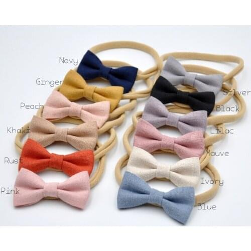 240pcs/lot Handmade Linen Bow Headband Mini Petite Baby Bow Headband Soft Nylon Headband For Infant Baby Hair Accessory