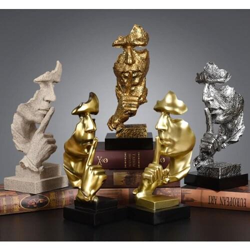 Home Decoration Ornaments Antique Thinker Sculpture Silence Is Gold Resin Statue Office TV Cabinet Display Crafts Business Gifts