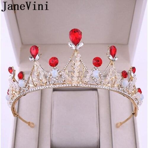 JaneVini Red Gold Color Crystal Crowns Bride Tiaras Queen Wedding Crown Headpiece Wedding Hair Jewelry Accessories 2020