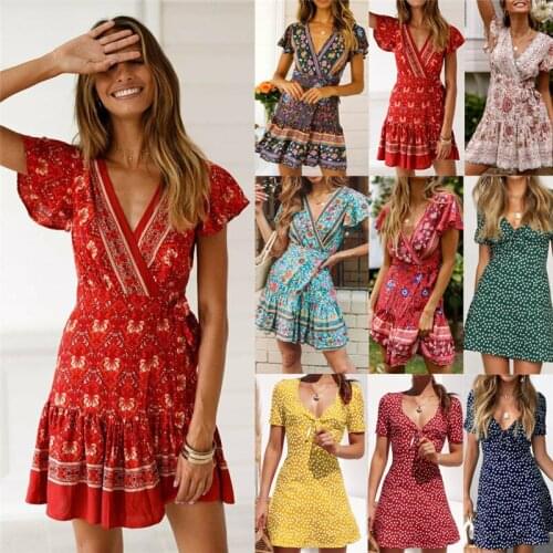 Womens Short Sleeve Bohemian Foral Wrap Dress Ladies Summer Holiday Party Vest Skirt S-XL