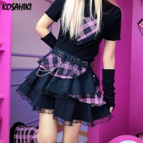 KOSAHIKI Harajuku Girls Plaid Lace Chain Rock Punk Skirts Women Gothic Lolita High Waist Cake Mini Skirts Y2K Streetwear Jupe