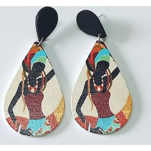 Wood Colorful Printing Africa African Queen Geometric Teardrop Earrings Women Wooden Fashion Hiphop Tribal DIY Vintage Jewelry