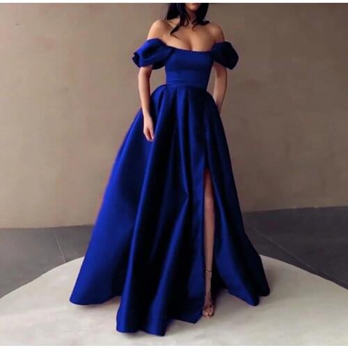 Vinca Sunny Royal Blue Satin Prom Dresses Strapless Off the Shoulder Split Evening Dresses Pleated A-Line Long Formal Gowns