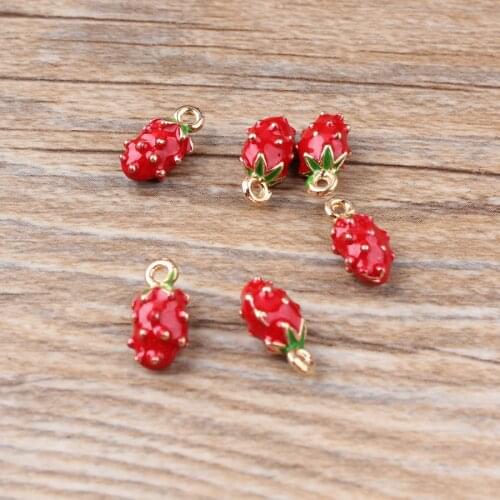 10pcs Cute Red Strawberry Dragon Fruit Enamel Charms For Handmade DIY Pendant Earring Jewelry Findings Making Gifts XL571