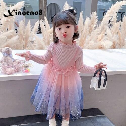 2021 Autumn Kids Knitted Sweater Dresses for Girls Mesh Full Pink Princess Dress Toddler Baby Girl Winter Fall Clothes Party