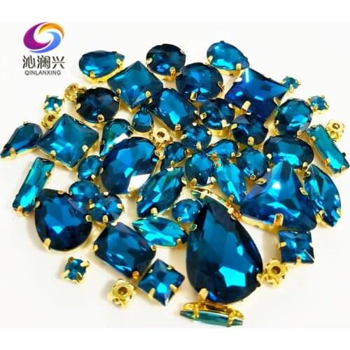 58pcs Super flash 3D Peacock blue mix shape top crystal glass sew on stones,gold base claw rhinestone diy/Clothing accessories