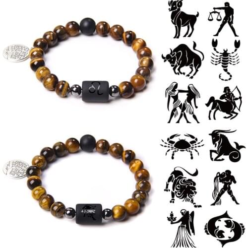 12 Constellation Charm Bracelets Men Natural 8 mm Tiger Eye Stone Beads Bangles For Women Aries Pendant Handmade Pulsera Jewelry