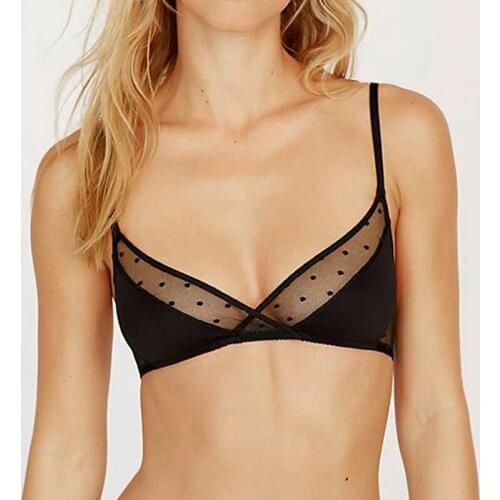 Women Sexy Lace Bra Translucent Thin Brassiere Triangle Cup Black Mesh Dot Lingerie Unlined Underwear