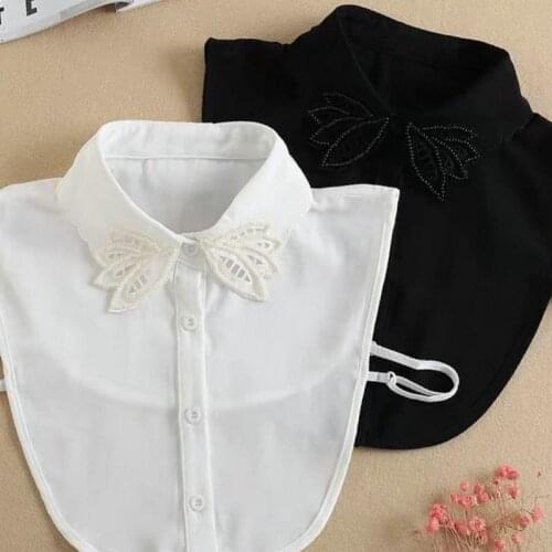 Elegant Women Cardigan Button Sweater Shirt Hollow Out Pearl Bead Lace Fake Collar False Detachable Collar Chiffon Blouse Tops