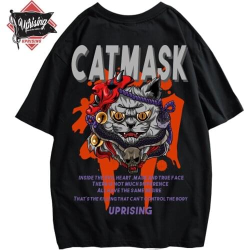 Evil mask cat men T-shirt Oversized Cat Print Cotton Hip Hop Harajuku Tshirt Japanese Streetwear Tops T Shirt For men