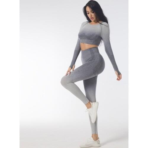 Gradient Women Tracksuit Yoga Suit Fitness Dot Jacquard Sportswear Gym Long Sleeve Shirt Hip Lift Leggings Seamless Outfit,ZF929