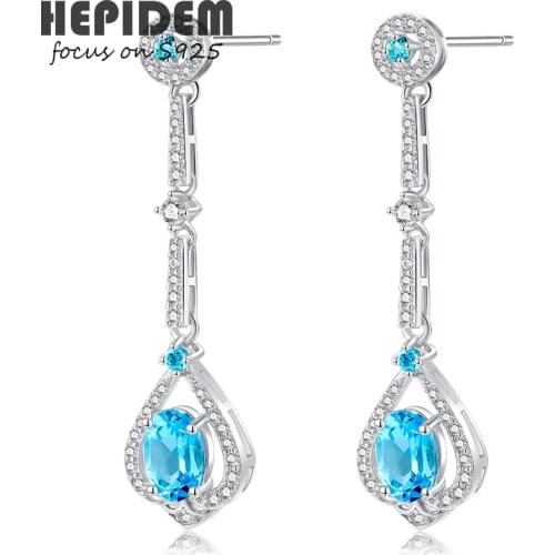 HEPIDEM 100% Topaz 925 Sterling Silver Stud Earrings 2022 Trend Women Blue Stone Gem Gemstones Gift S925 Fine Jewelry 5226