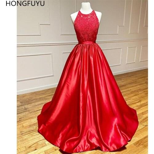 HONGFUYU Red Lace Bodice Prom Dresses O-neck Vestidos De Fiesta Satin A-Line Robe De Soiree Formal Gowns Dress Party Evening