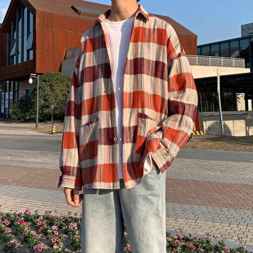 2020 Mens Lattice Printing Hawaiian Shirt Male Long Sleeve Shirt Leisure Student Loose Coat French Cuff Mens Fashion Shirts