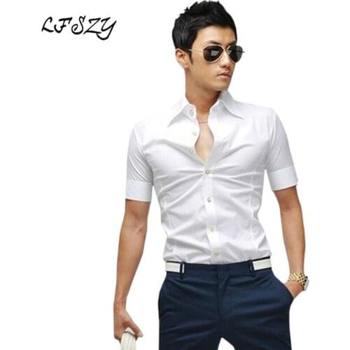 Mens Shirt 2019 Summer Korean High Neck Short Sleeve Shirt Fashion Casual Breathable White Youth Shirt More Sizes S-XXXL