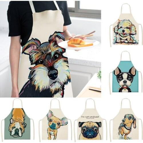 1PC Cartoon Dog Pug Sleeveless Aprons For Women Cotton Linen Bibs Men Women Household Kitchen Cleaning Tools 55x68cm