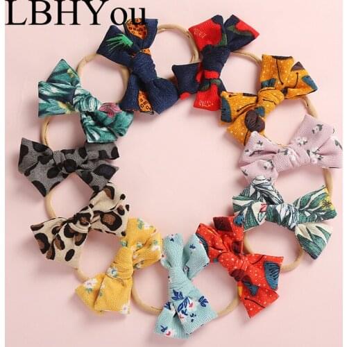 New Flowers Prints Corduroy Bows Nylon Headbands,One Size Fit Most Knot Bows Elastic Nylon Hairbands,Baby Girls Hair Accessories
