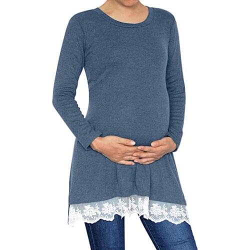 Solid color womens shirt pregnant maternity dress hem lace maternity dress long-sleeve T-shirt clothes