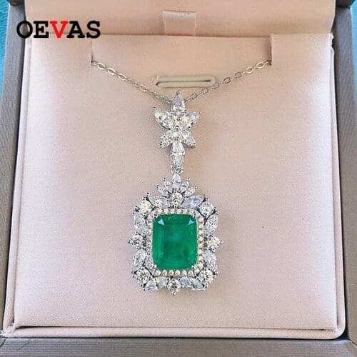 OEVAS 100% 925 Sterling Silver 9*11mm Synthetic Emerald Pendant Necklace For Women Sparkling High Carbon Diamond Fine Jewelry