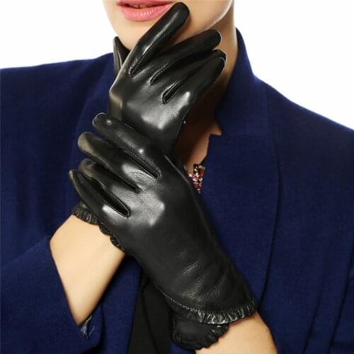Winter Womens Genuine Leather Gloves Female 2020 New Brand Fashion Trend Warm Velvet Black Gloves Goatskin Mittens L001NC