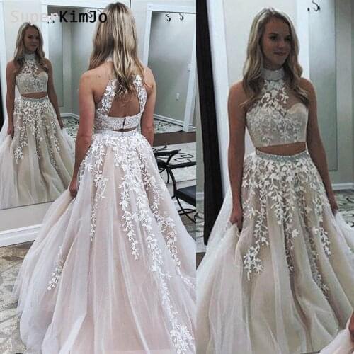 SuperKimJo Two Piece Prom Dresses Champagne Beaded Lace Applique Prom Gown 2020 Vestidos De Fiesta De Noche Largos Elegantes