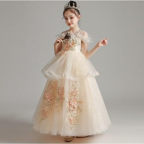 Flower Girl Dresses Appliques Embroidery O-Neck Off The Shoulder Princess Floor-Length Tulle Crystal Pearls Kids Party Gown H289