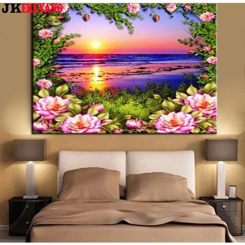 Full Square Round Diamond Embroidery DIY Diamond Painting Flower and sea sunset Cross Stitch kit mosaic Y4486
