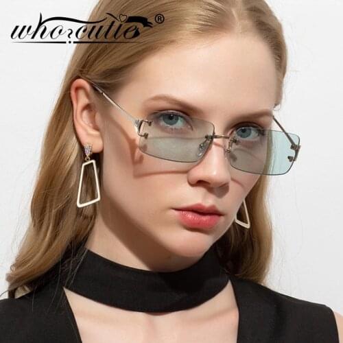 Rimless Rectangle Vintage Sunglasses Women Men 2021 Brand Design Retro Sun Glasses Green Tinted Lens Square Glasses 90s S418