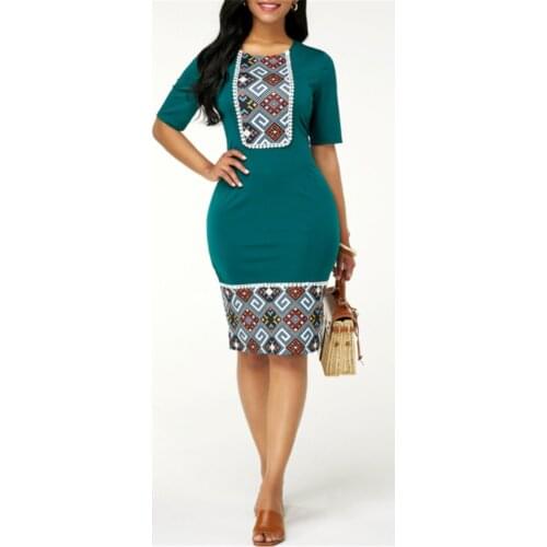 2020 Plus Size Summer Women Dress Name Ethnic Print Slim Bag Hip Dress Female Round Neck High Waist Casual Dress