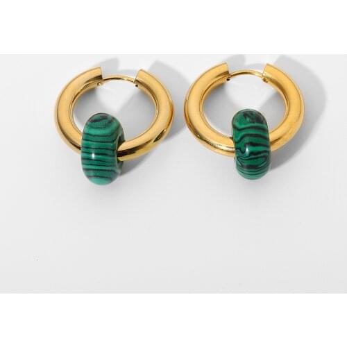 18K Gold Plated Stainless Steel Green Malachite Pendant Huggie Earrings For Women Bohemian Style Circle Earrings Jewelry