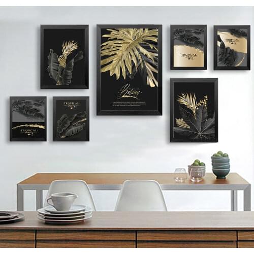 Nordic black golden feather leaves Picture Wall HD Poster Modern Style Canvas Print Painting Art Aisle Living Room Decoration
