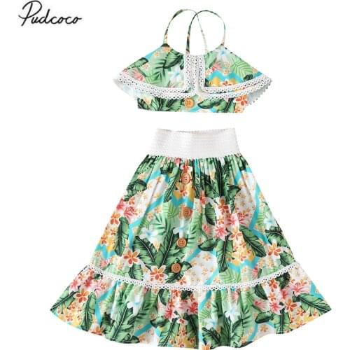 2020 Fashion Toddler Baby Girls 2pcs Dress Off Shoulder Flower Lace Crop Tops Pleated Long Skirts Summer Outfits Set Holiday