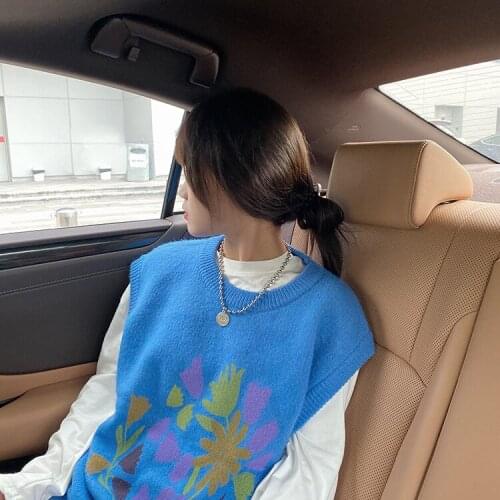 Floral Print Knitted Sleeveless Sweater Vest Spring Autumn V Neck Waistcoat Pullovers High Vintage Pullovers Chic Tops Colete