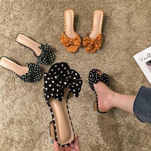 Womens Shoes Slippers Outdoor 2020 New Summer Bow Polka Dot Open Toe Thick Heel Fashion Medium Heel Shoes