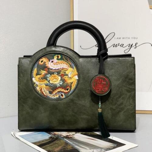 2021 Winter Female Tote Bag Chinese Style Retro Handmade Embroidery Handbag Large Capacity Women Leather Elegant Shoulder Bags