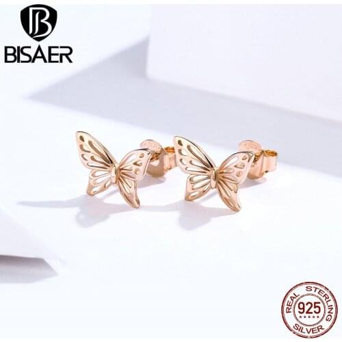 Butterfly Earrings BISAER 925 Sterling Silver Butterfly Small Stud Earrings for Women Exquisite Silver Jewelry ECE452