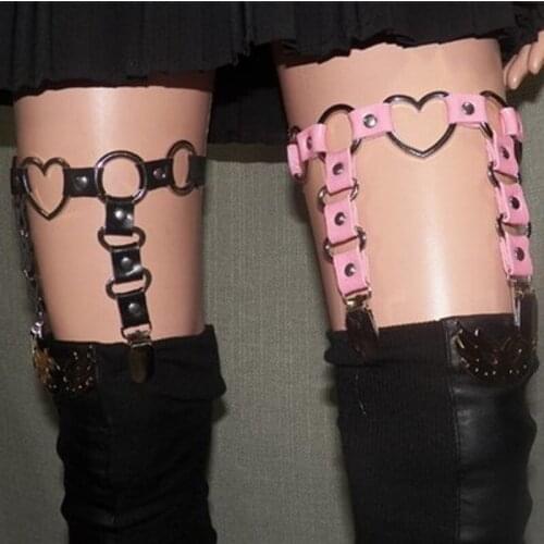 Women Sexy Harajuku metal clip rivet punk real leather garter elastic Leg ring belt Sweet heart O-round Goth Stocking Suspender