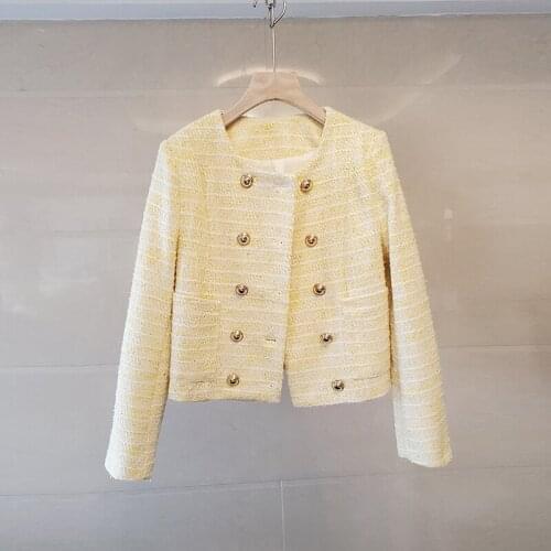 Double Breasted Tweed Jackets Coat Women O-Neck Long Sleeve Casual Woolen Outwear Loose Vintage French Outwear Pockets C119