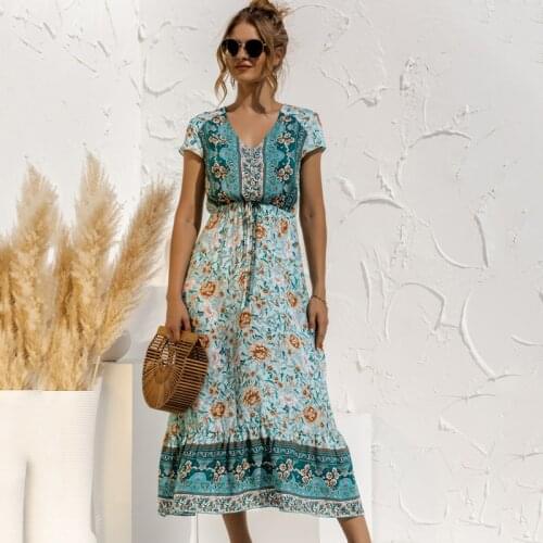 Womens maxi retro Dress summer 2021 short-sleeved button lace-up positioning flower dress womens long Print beach Dress vestido